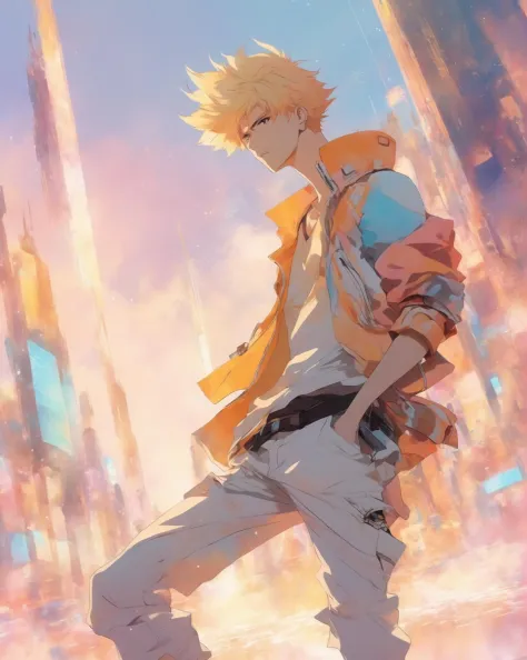 A male anime character in a retro-future world, anime style, anime studio, cool attitude, pastel colors, golden hour, (watercolo...