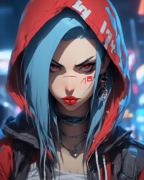 1girl, solo, hood, hood up, lips, looking at viewer, cyberpunk, blurry, closed mouth, red eyes, portrait, blue hair, bandaid, ea...