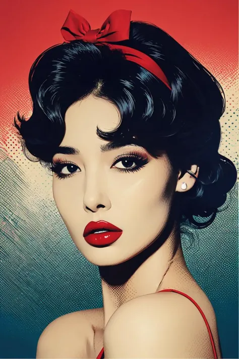 pop art,1girl,solo,upper body,black hair,red lips,<lora:pop_art_v2:0.7>,