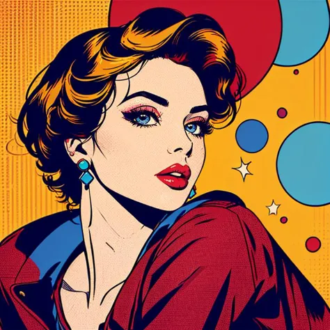 a woman with a red hat and red lipstick in a pop art style