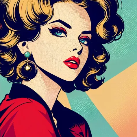 pop art, 1girl, solo, shirt, jewelry, closed mouth, upper body, earrings, lips, looking at viewer, red lips, 
 <lora:pop_art_v2:...