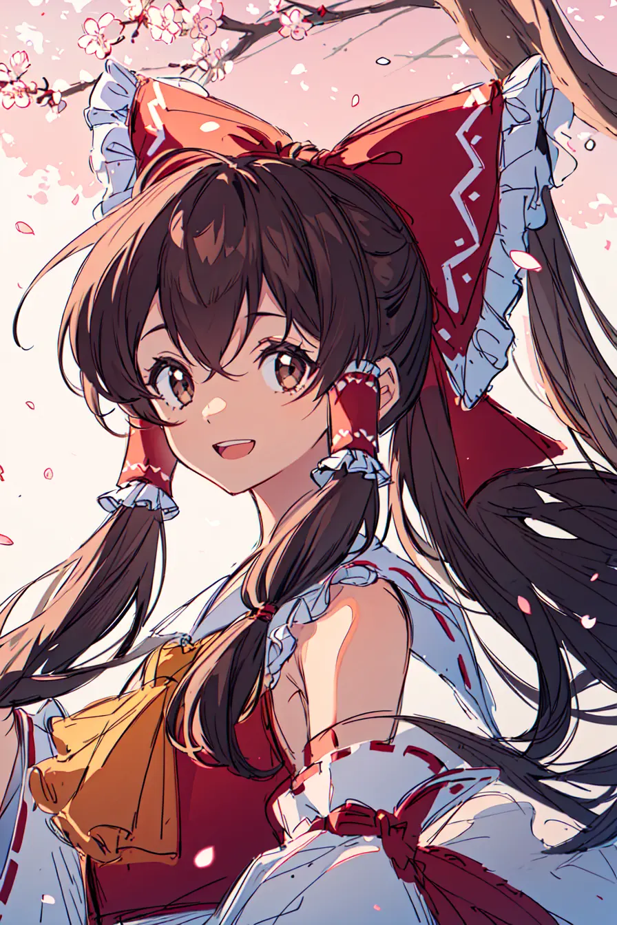 masterpiece, intricate detail,best quality, 1girl, solo, hakurei reimu, bow, hair bow, sarashi, detached sleeves, red bow, brown hair, hair tubes, smile, cherry blossoms, long hair, open mouth, sketch, brown eyes, tree, looking at viewer, ascot