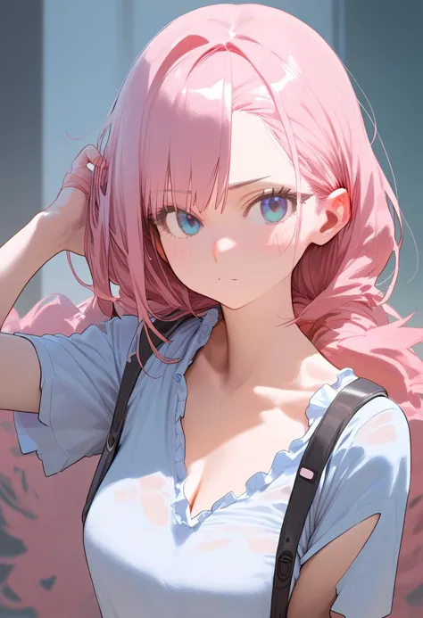 anime girl with pink hair and blue eyes posing for a picture