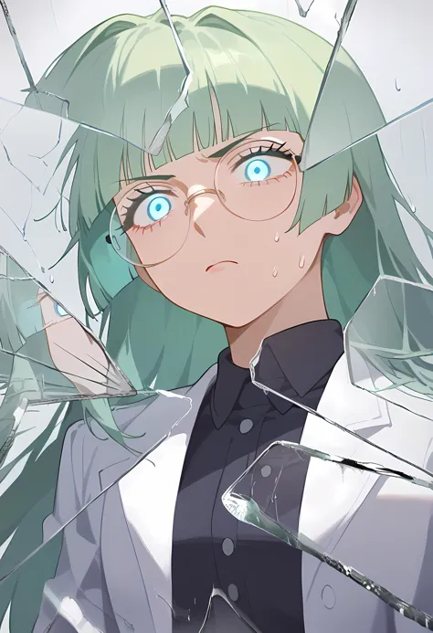 anime girl with green hair and glasses looking through broken glass