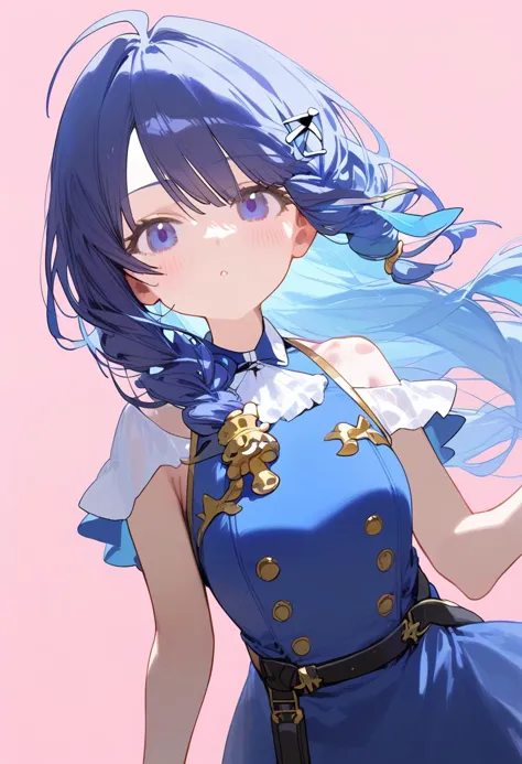 anime girl with blue hair and blue dress holding a cell phone