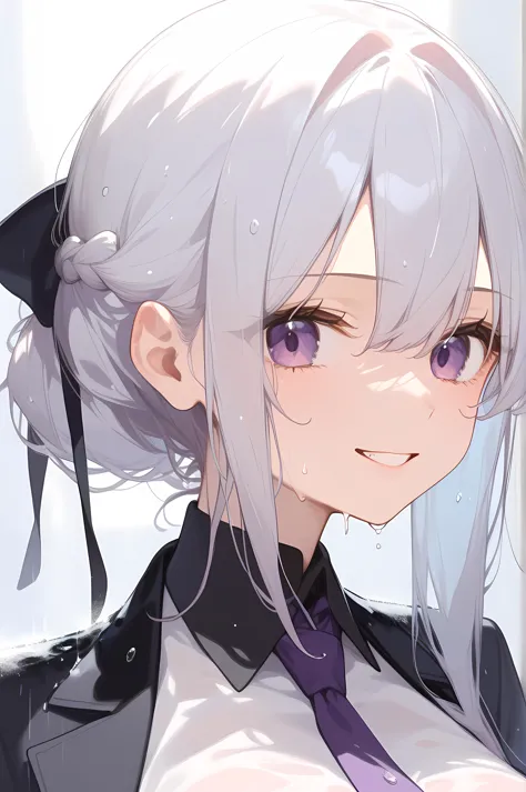 anime girl with white hair and purple tie posing for picture