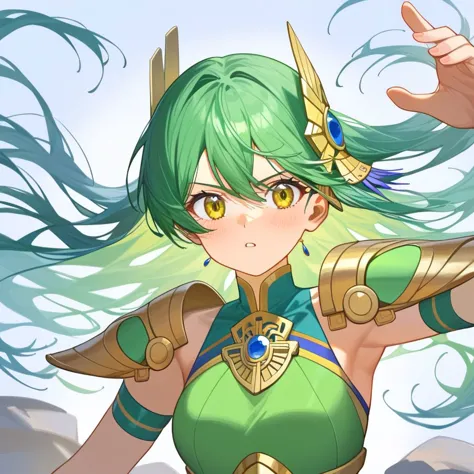 a close up of a woman with green hair and a sword