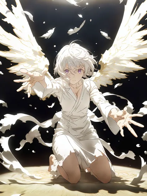 anime character with white hair and wings in a dark room