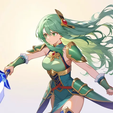 score_9,source_anime,1girl,solo,simple background,masterpiece,very aesthetic, 
feh_seoreh_pnxl , cinematic lighting, beautiful hair, beautiful eyes, beautiful skin, upper body,
a girl of 21yo, hair ornament, shoulder length hair, green hair, green armor,  green thighhigh,
battling, running, flying, handing sword, in wild, rocks,