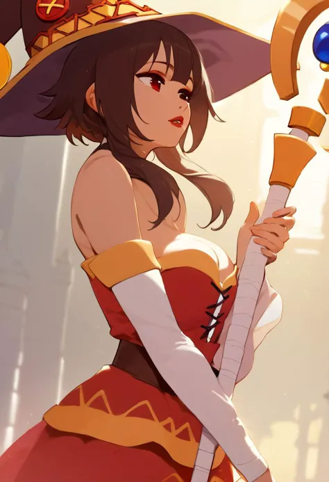 score_9, score_8_up, score_7_up, score_6_up, gold hair band, score_5_up, score_4_up,  solo, eyeliner, eyeshadow, makeup, red lips, megumin_(konosuba), red eyes, short hair, brown hair,hat,long side locks,leans over, holding staff, bare sholders, god rays, absurdes, golden hour,  dress, round breasts, breasts together, cleavage,golden jewelry, grand cathedral,  by nora higuma,high-detailed,4k,anime