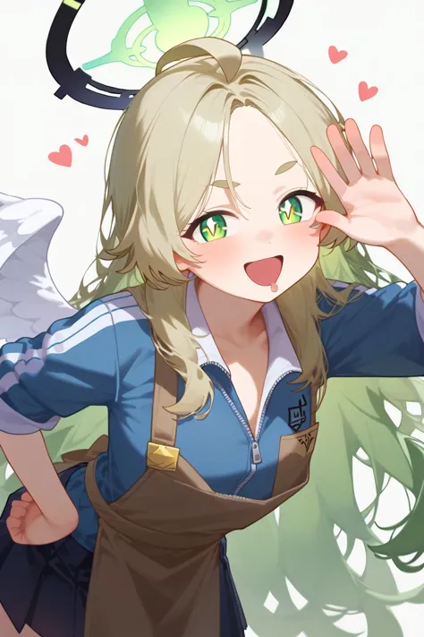 anime girl with green eyes and blonde hair waving her hand