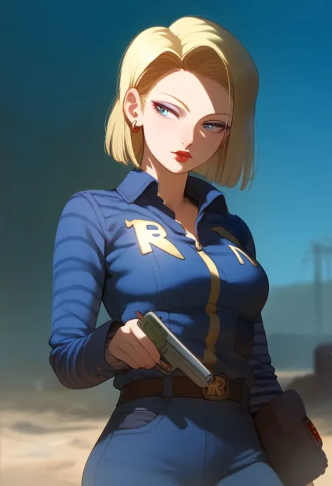 a woman in a blue shirt and jeans holding a gun