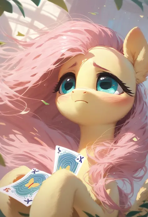 score_9, score_8_up, score_7_up, score_6_up, score_5_up, ( flat colored: 1.2), fluffy body, (2d style:0.8), ssr_card, ssr_background, mare, Pegasus, Fluttershy, solo, focus to face, (blushing face:0.8)