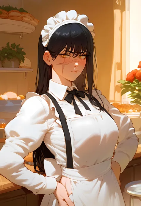 score_9, score_8_up,1woman,athletic body,hourglass body,Yoru,chainsaw man,wearing a maid outfit,in a cafe,in the kitchen,long black hair,scar on face,pouting,arms on hip,blushing,pov