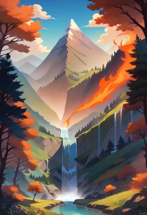 a painting of a waterfall in the middle of a forest