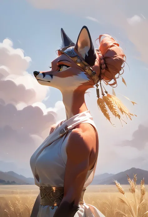 a close up of a woman in a dress and a fox headpiece