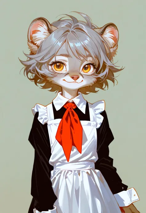 anthro manul girl,kid,golden eyes,black dress,white apron,white cuffs,white collar,(grey hair:1.1),light smile, 
short hair,grey fur,paws,clean tools,red neckchief
<lora:Perfect Hands:1>    <lora:æ°çåç²:1>  <lora:fkey_pony_v1:0.5> <lora:naip33:1>, score_9, score_8_up, score_7_up, score_6_up, score_5_up, score_4_up,zPDXL