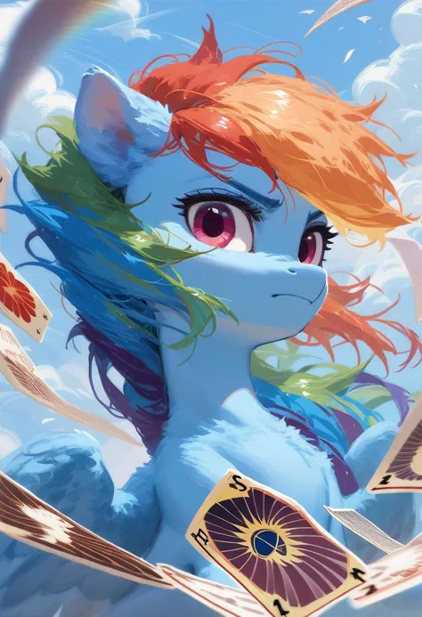 score_9, score_8_up, score_7_up, score_6_up, score_5_up, ( flat colored: 1.2), fluffy body, (2d style:0.8), ssr_card, ssr_background, mare, Pegasus, Rainbow Dash, solo, focus to face,