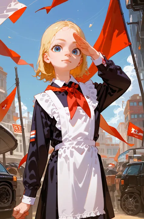 anime girl in uniform with red flags in the background