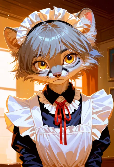 anime cat in a maid outfit with a red bow