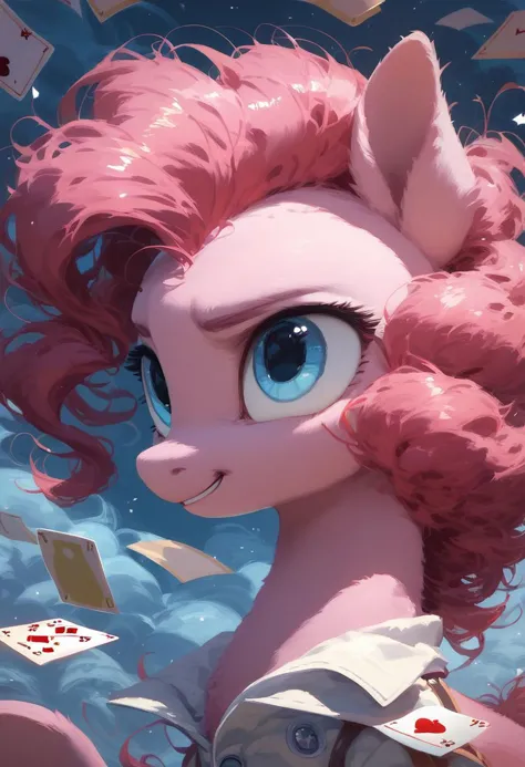 a close up of a pink pony with a lot of cards in her hair