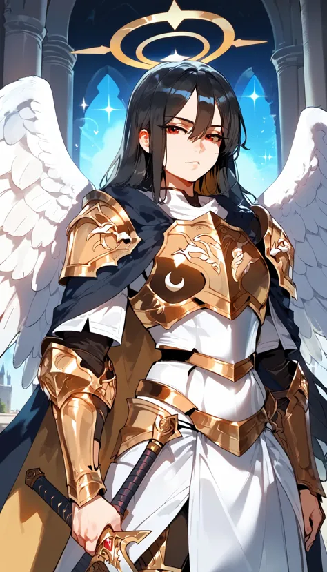 score_9, score_8_up, score_7_up,athletic body,slim body,(((long black hair))),red eyes,(((wearing golden knight armor))),valkyri...