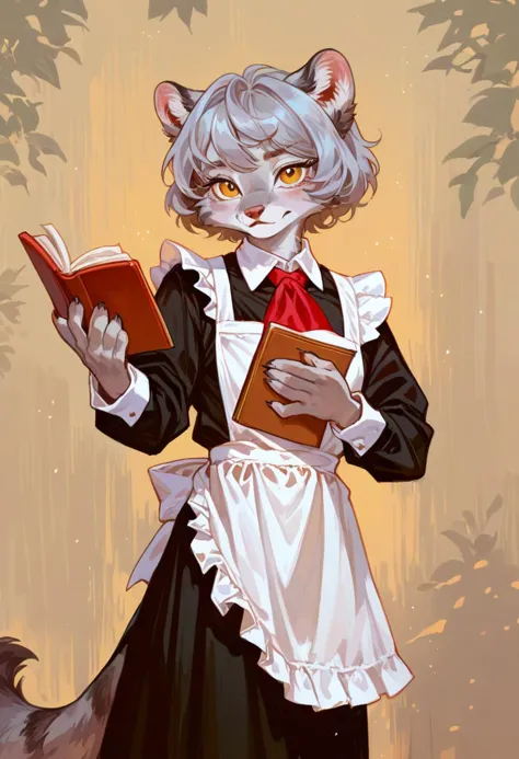 a close up of a cat with a book in its hand