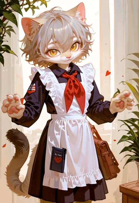 anime character of a cat dressed in a maid outfit with a purse