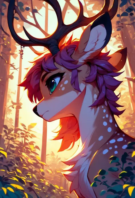 a deer with horns and a red hair stands in the woods