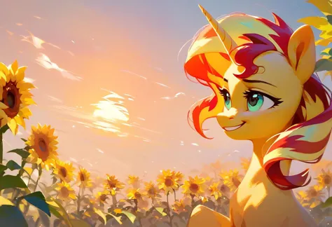 there is a cartoon picture of a pony in a field of sunflowers