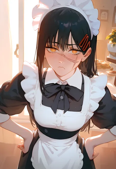 score_9, score_8_up,1woman,athletic body,hourglass body,Yoru,chainsaw man,wearing a maid outfit,in a cafe,in the kitchen,long black hair,scar on face,pouting,arms on hip,blushing,pov