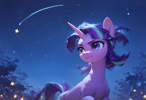 score_9, score_8_up, score_7_up, score_6_up, score_5_up, score_4_up,( thick outline body: 1.2), pony, Unicorn Starlight Glimmer, Night, stars, outside, solo, effect darkness,