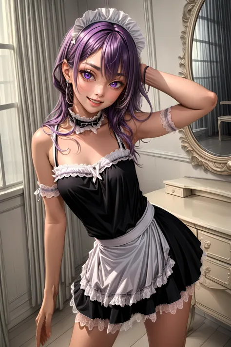 (masterpiece, best quality, extremely delicate, beautiful, highres, original), beautiful girl, purple hair, purple eyes, crazy smile, dark, dark atmosphere, <lora:Dress04:0.8> maid black top, maid black skirt
<lora:add_detail:1>,