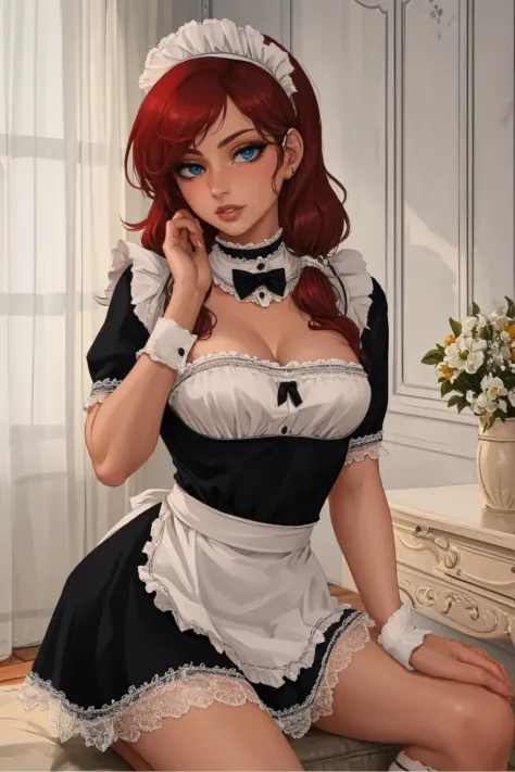 woman, adult, solo, skinny,
long red hair, blue eyes, maid black top, maid black skirt, sitting
sexy pose, (masterpiece), (high ...