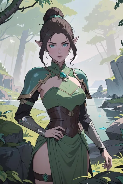 (masterpiece, best_quality, ultra-detailed, immaculate:1.3), epic, illustration, elf mountain desert warrior lord , sexy armor, brown hair, very long hair, full scorpion, in in the deep  ocean, in a lush spring forest, bombshell hair, bright slate gray hair with sea green highlights, Flapper Bob,hair bun, __color_hair__, head down<lora:EnvyBeautyMix13-orig:1>