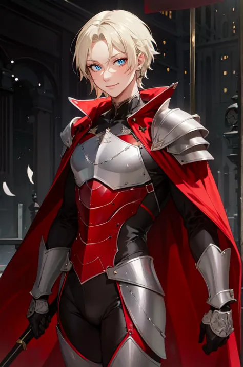 solo, (red theme:1.3),, absurdres, ultra detailed, masterpiece, best quality, aesthetic, detailed,, solo, smile, 1boy, blue eyes, medium blonde hair, parted bangs, hair intakes, male focus, muscular male,, armor, pauldrons, cuirass, gauntlets, waist cape, greaves, black bodysuit, surcoat, shoulder sash, wing shoulder armor, cape, pants,