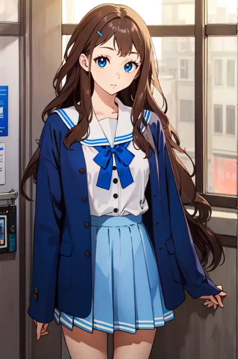 solo, ChopioShindouAi, brown hair, long hair, wavy hair, blue eyes, small breasts,  outfit_1, blue jacket, serafuku, long sleeves, buttons, white shirt, white sailor collar, blue neck ribbon, pleated skirt, grey skirt, black kneehighs,, absurdres, ultra detailed, masterpiece, best quality, aesthetic, detailed,