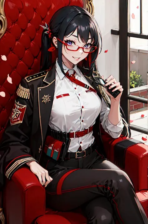 solo, (red-framed eyewear:1.4), sitting, crossed legs, throne room, red banner, falling petals,, absurdres, ultra detailed, masterpiece, best quality, aesthetic, detailed,, solo, smug smile, 1girl, purple eyes, red-framed eyewear, (black hair, red colored tips:1.2), red streaked hair, very long hair, side ponytail, tied hair, medium breasts,, dataset, jacket on shoulders, coat on shoulders, red dress, sleeves rolled up, fingerless gloves, holster, belt, multiple belts, combat boots, bulletproof vest, pants, black coat, tactical clothes,