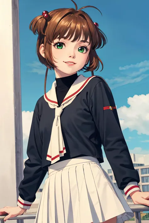 kinomoto sakura, 1girl, brown hair, short hair, antenna hair, two side up, hair bobbles, green eyes, school uniform, white sailor collar, black shirt, long sleeves, white skirt, pleated skirt
(best quality, masterpiece, RAW photo,ultra-detailed:1.2), <lyco:GoodHands-beta2:1.0>,1girl,solo,looking at viewer,smile
 <lyco:kinomoto_sakura_v1:1.0> <lyco:de-anime-er_v10:0.2>