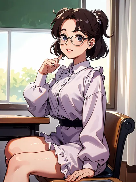 anime girl sitting at a desk with a laptop and a pen