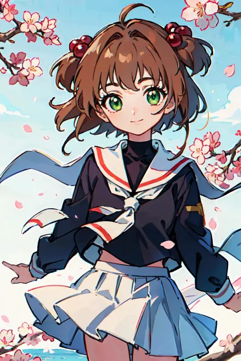 anime girl in a sailor outfit standing under a cherry tree