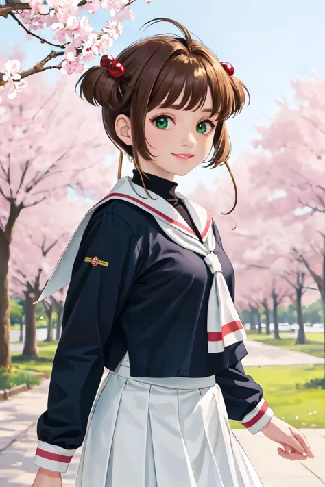 anime girl in uniform standing in front of a tree with pink flowers