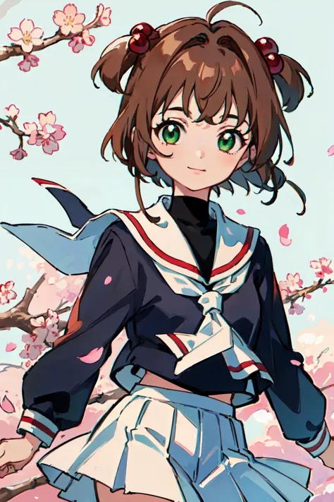 <lyco:de-anime-er_v10:-0.5>
kinomoto sakura, 1girl, brown hair, short hair, antenna hair, two side up, hair bobbles, green eyes, school uniform, white sailor collar, black shirt, long sleeves, white skirt, pleated skirt
(best quality, masterpiece, RAW photo,ultra-detailed:1.2), <lyco:GoodHands-beta2:1.0>,1girl,solo,looking at viewer,smile
 <lyco:kinomoto_sakura_v1:1.0>  city, cherry blossom