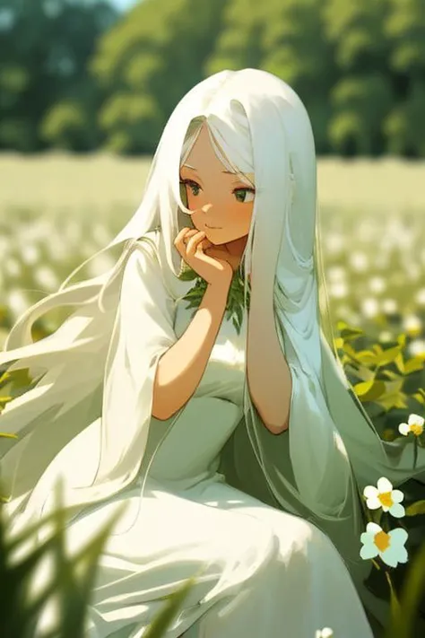 anime girl in white dress sitting in a field of flowers