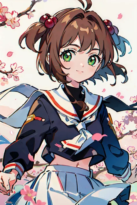 <lyco:de-anime-er_v10:-0.7>
kinomoto sakura, 1girl, brown hair, short hair, antenna hair, two side up, hair bobbles, green eyes, school uniform, white sailor collar, black shirt, long sleeves, white skirt, pleated skirt
(best quality, masterpiece, RAW photo,ultra-detailed:1.2), <lyco:GoodHands-beta2:1.0>,1girl,solo,looking at viewer,smile
 <lyco:kinomoto_sakura_v1:1.0>  city, cherry blossom