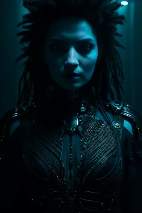 a woman with dreadlocks and a leather outfit in a dark room