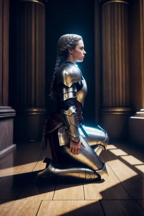 a woman in armor sitting on the floor in a room