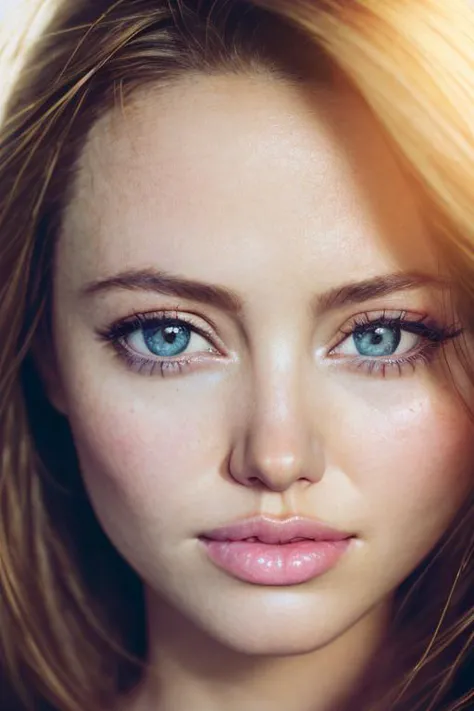 a close up of a woman with long hair and blue eyes