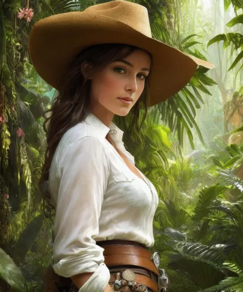 close up of a beautiful ((adventurer)) (((archeologist))) wearing jeans and a white shirt with a scarf and a stetson hat in a ((...