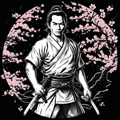 a man in a white shirt holding two swords in front of a cherry blossom